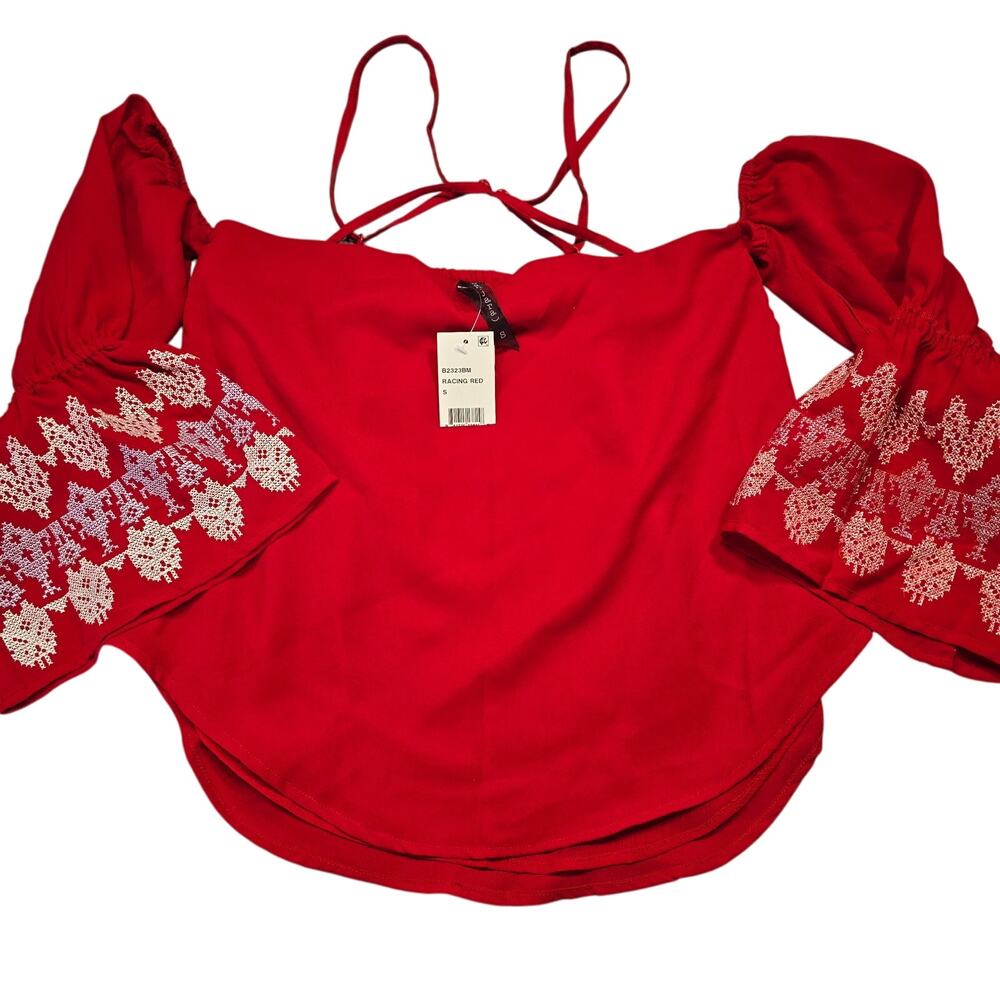 Banjara Red Crop Shirt NEW Strappy Cold Shoulder Top 3/4 Bell Sleeves Women's S